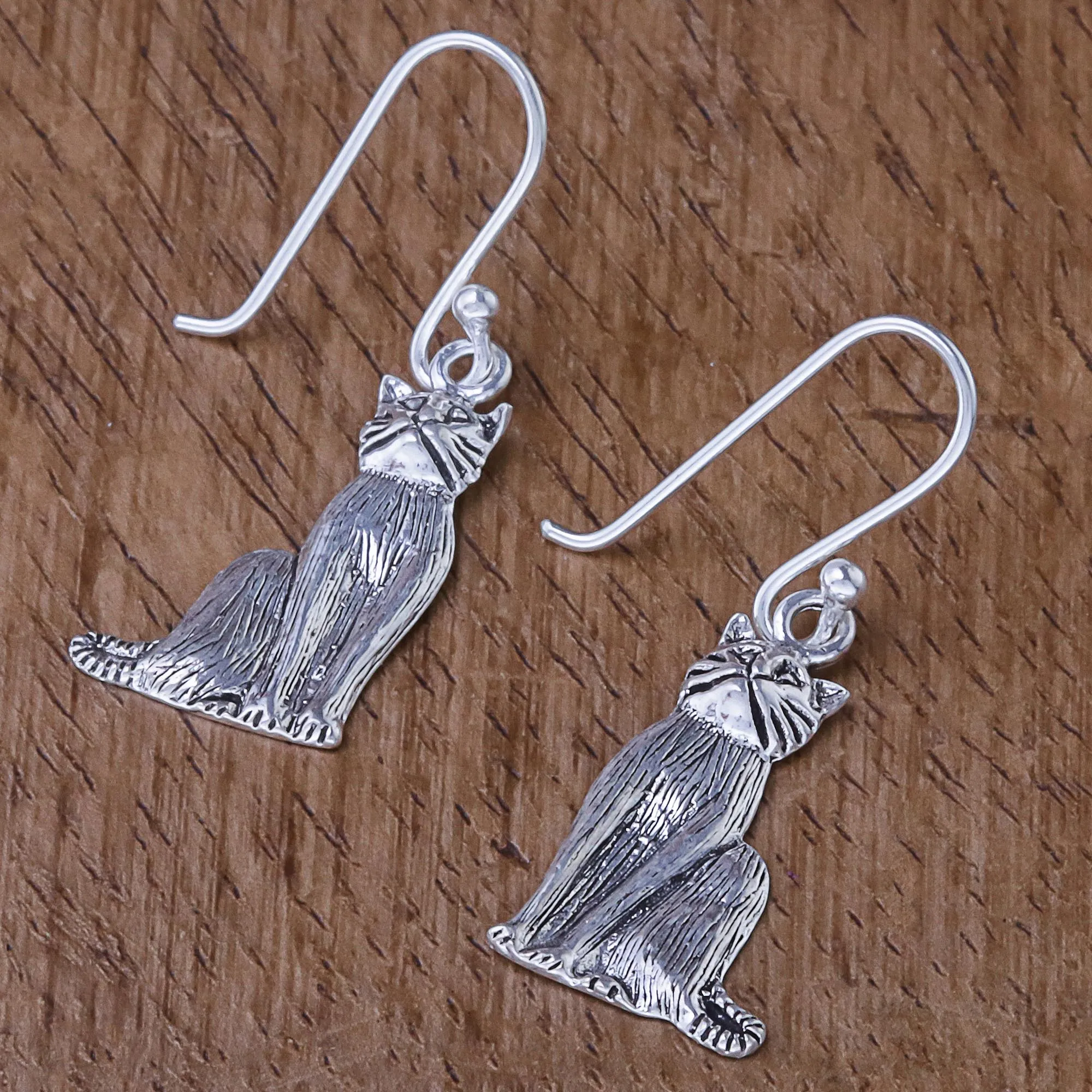 Sterling Silver Cat Dangle Earrings from Thailand - Mister Cat | NOVICA