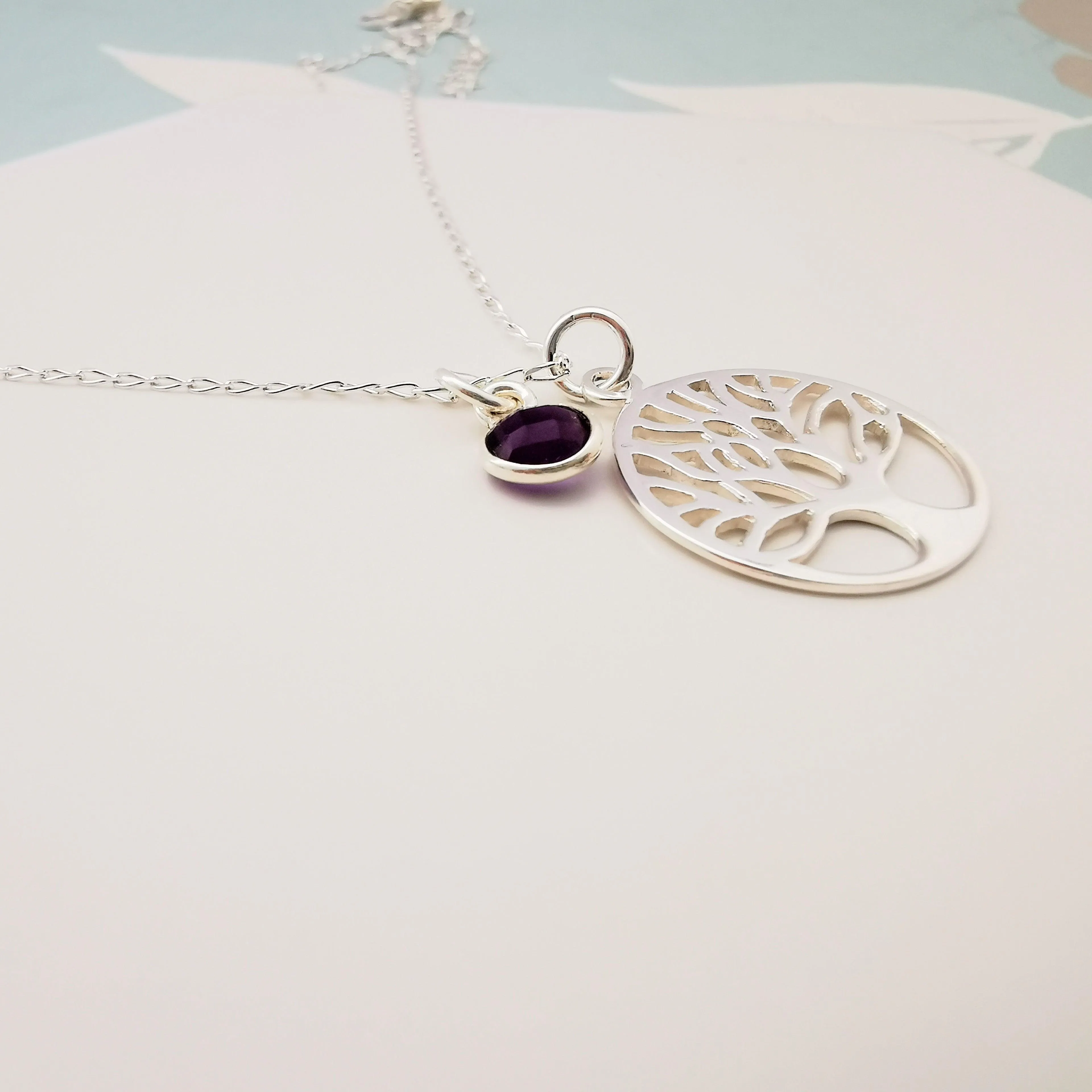 Sterling Silver Family Tree and Gemstone Pendant Necklace