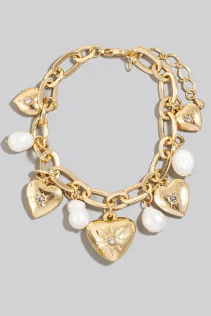 Studded Heart And Pearl Charms Chain Bracelet