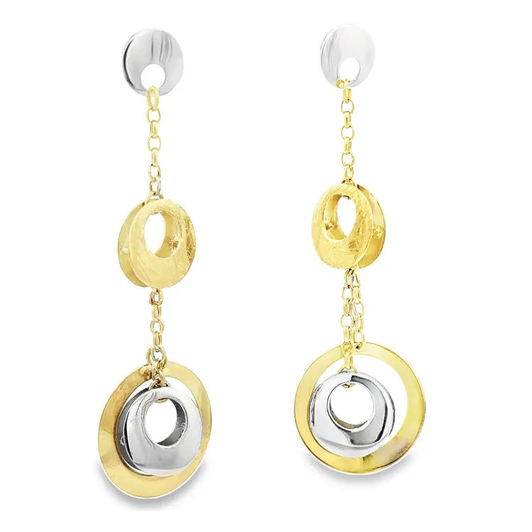 Triple Open Discs Dangle Earrings, 14Kt, 2 tone