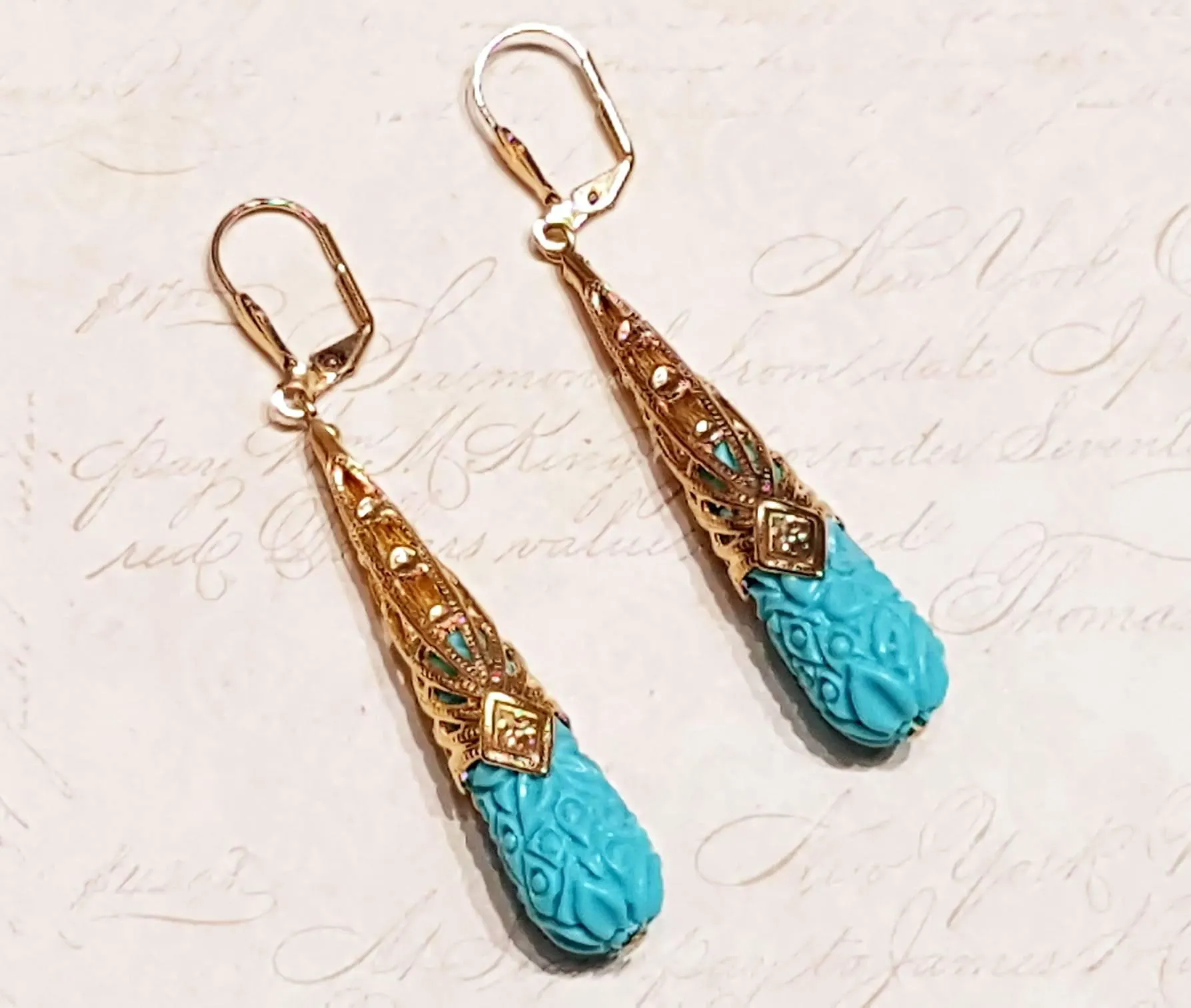 Turquiose glass tear drop earrings Art Nouveau Design gold plated