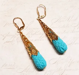 Turquiose glass tear drop earrings Art Nouveau Design gold plated