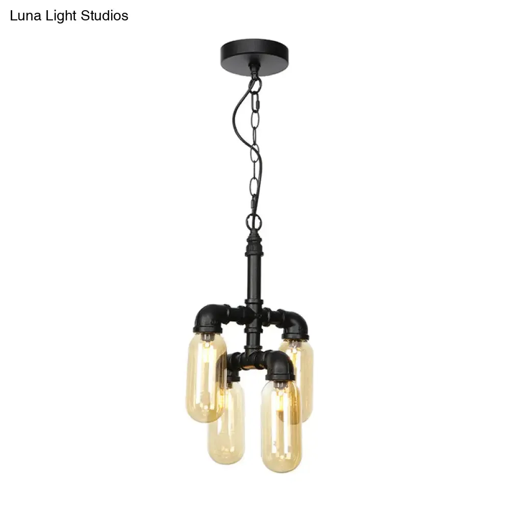 Vintage Water Pipe Chandelier Pendant Lighting - LED Hanging Lamp Kit with 4 Amber/Clear Glass Bulbs