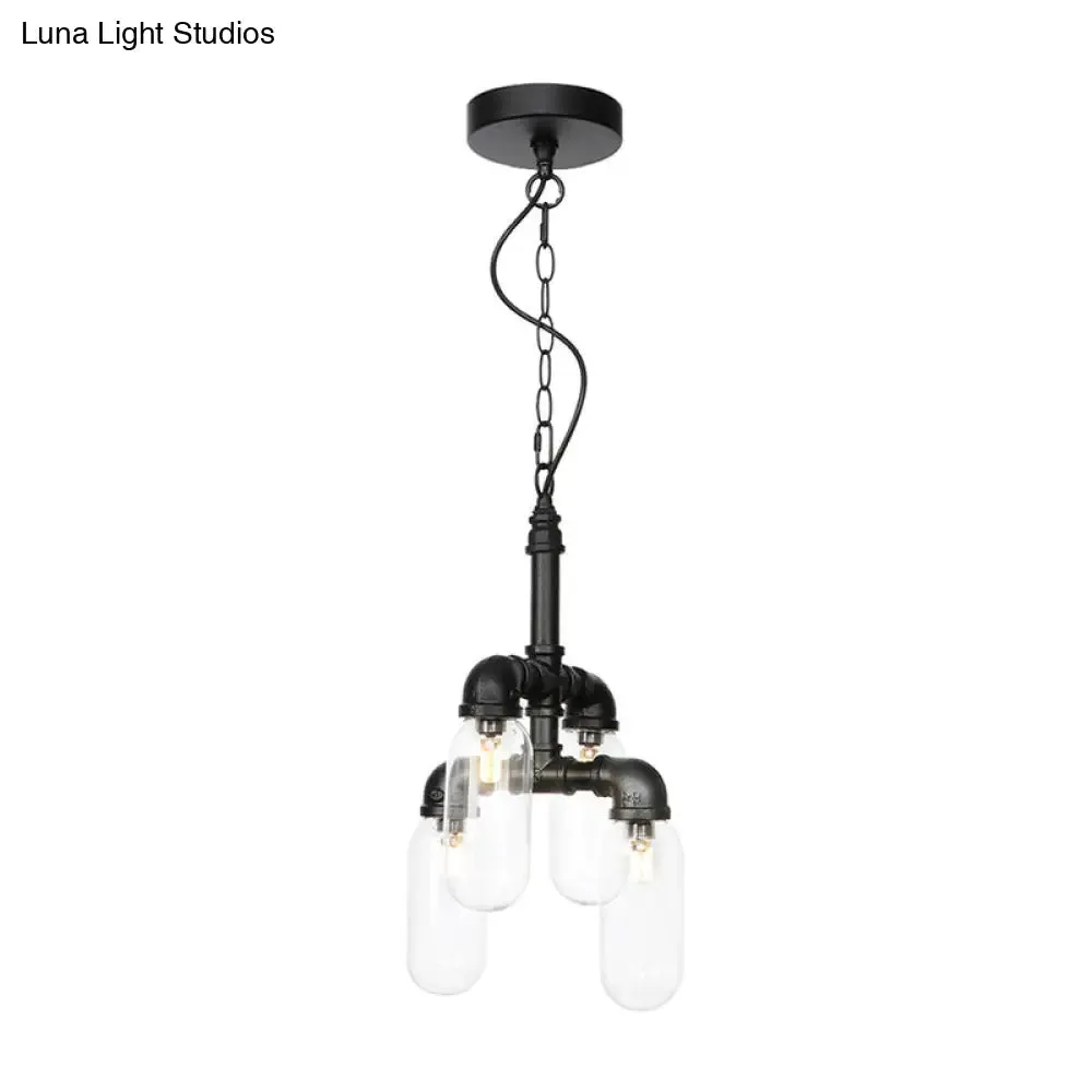 Vintage Water Pipe Chandelier Pendant Lighting - LED Hanging Lamp Kit with 4 Amber/Clear Glass Bulbs