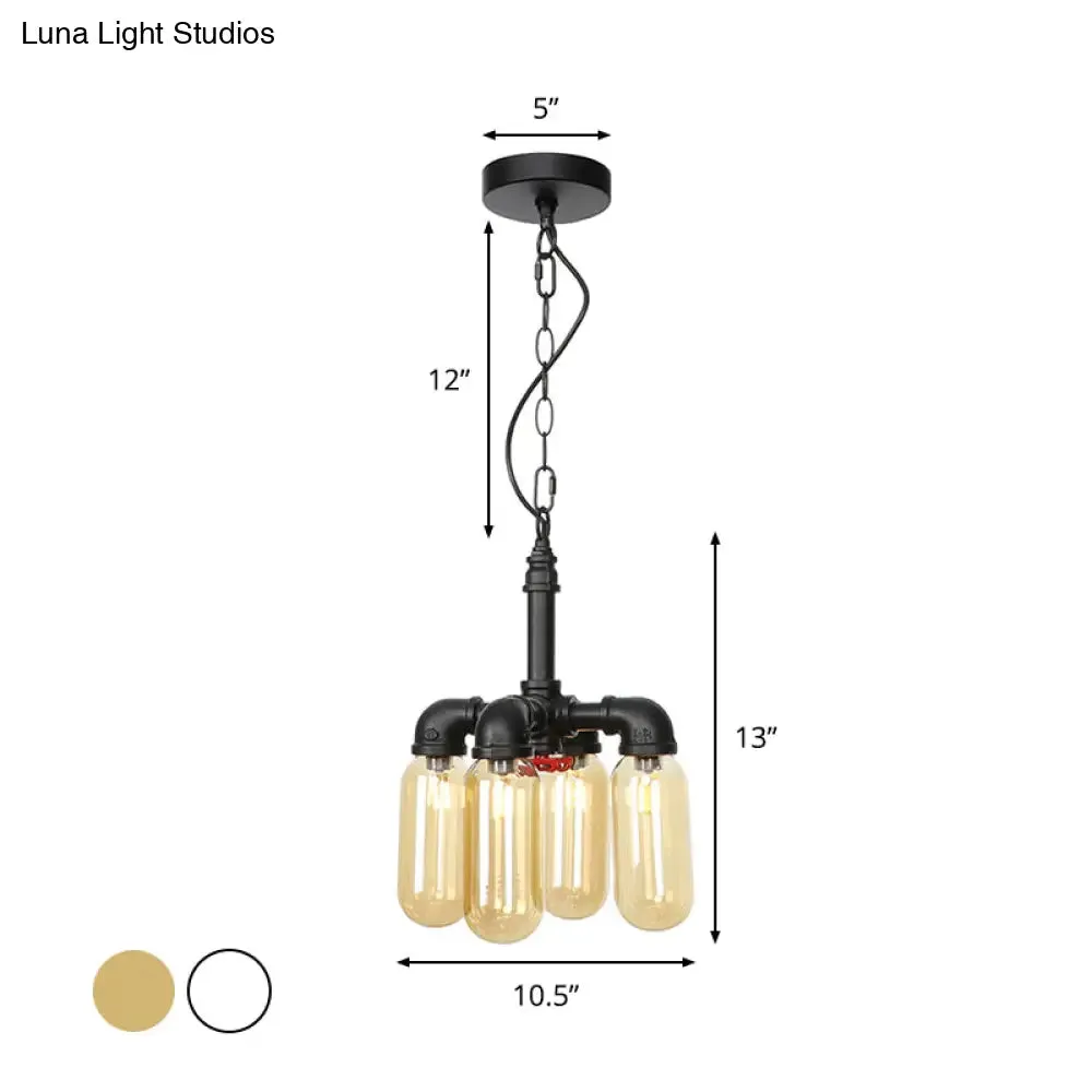 Vintage Water Pipe Chandelier Pendant Lighting - LED Hanging Lamp Kit with 4 Amber/Clear Glass Bulbs