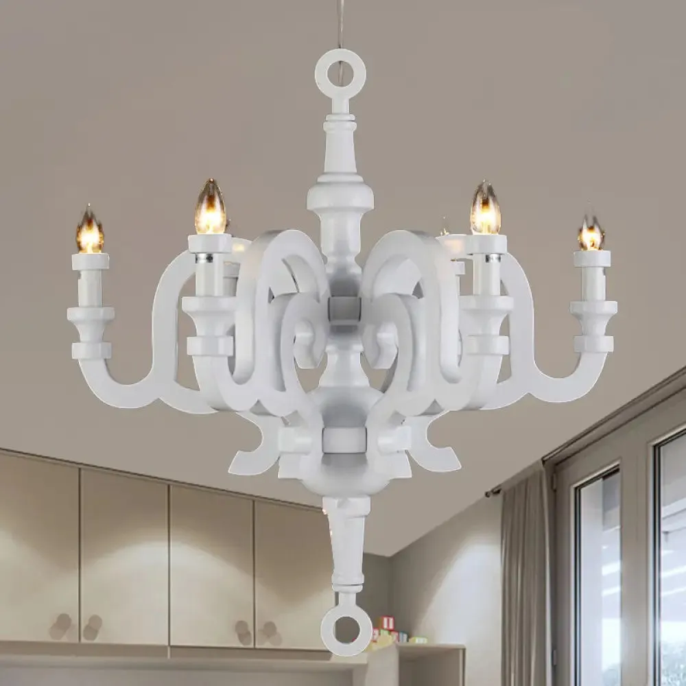 Wooden Candlestick Chandelier - Traditional 6-Head Pendant Light for Living Room Ceiling, White