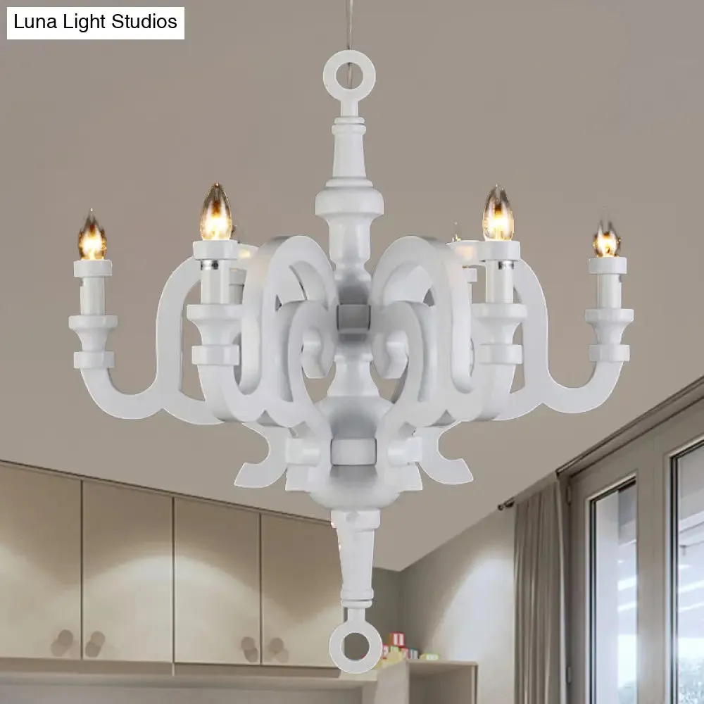 Wooden Candlestick Chandelier - Traditional 6-Head Pendant Light for Living Room Ceiling, White