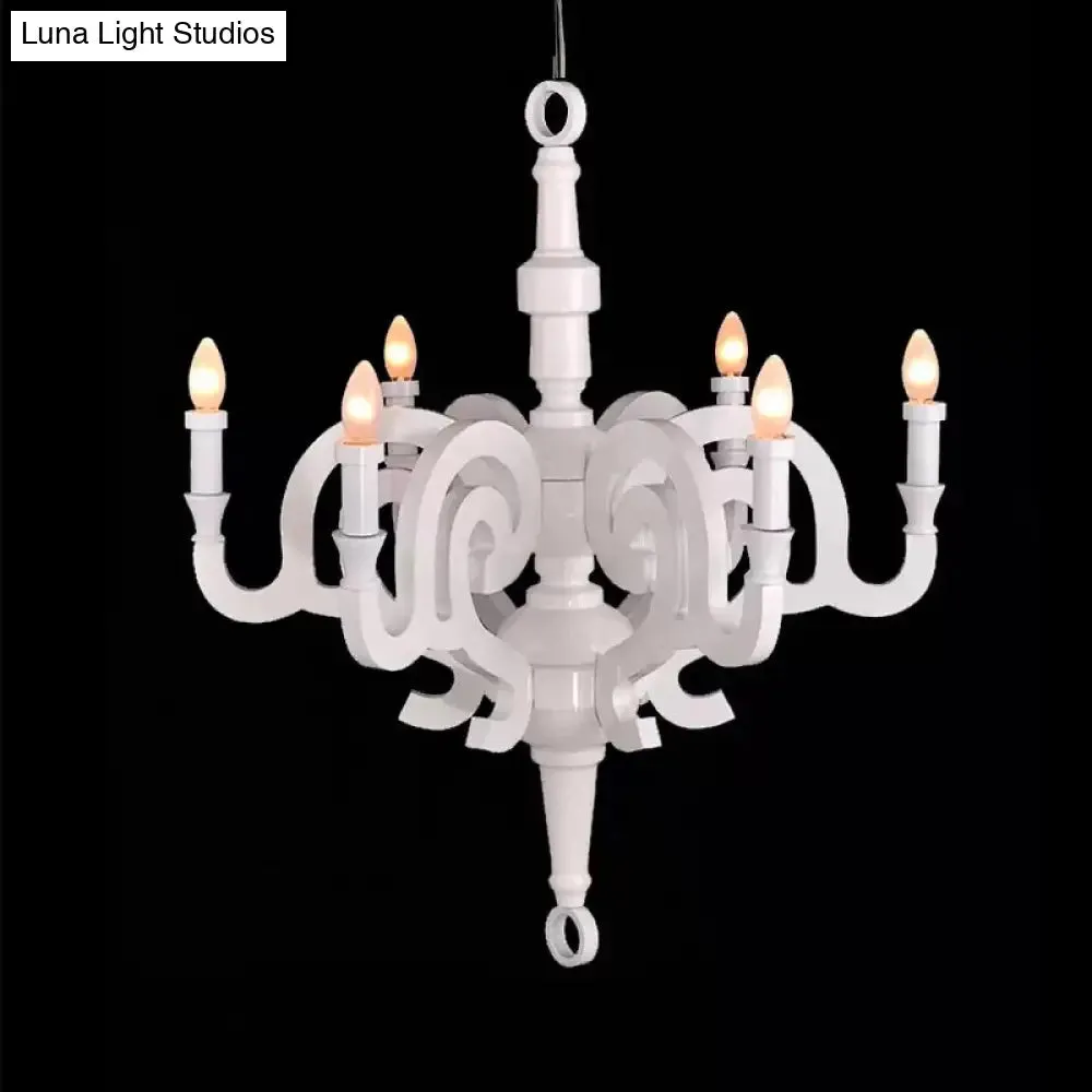 Wooden Candlestick Chandelier - Traditional 6-Head Pendant Light for Living Room Ceiling, White