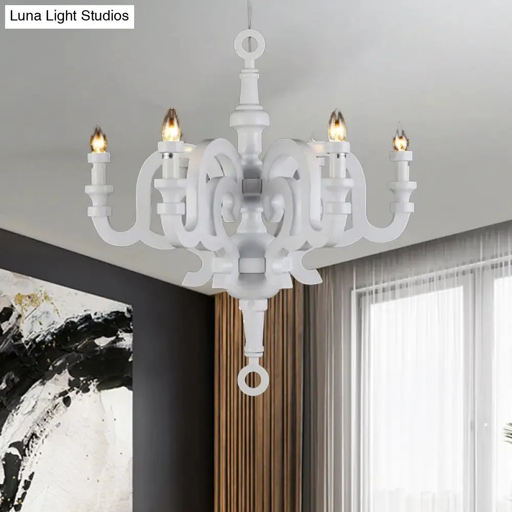 Wooden Candlestick Chandelier - Traditional 6-Head Pendant Light for Living Room Ceiling, White