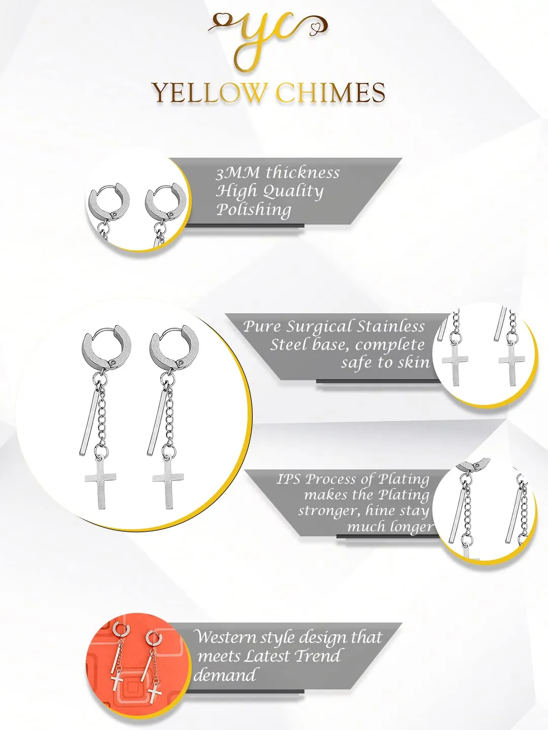 Yellow Chimes Earrings for Men and Boys 2 Pcs Stainless Steel Cross Dangler Huggie Hoop Earrings for Men | Accessoriess Jewellery for Men | Birthday Gift for Men and Boys Anniversary Gift for Husband