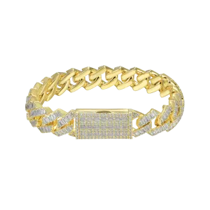 Yellow Gold Emerald Cut Prong Cuban Link Bracelet - 12mm